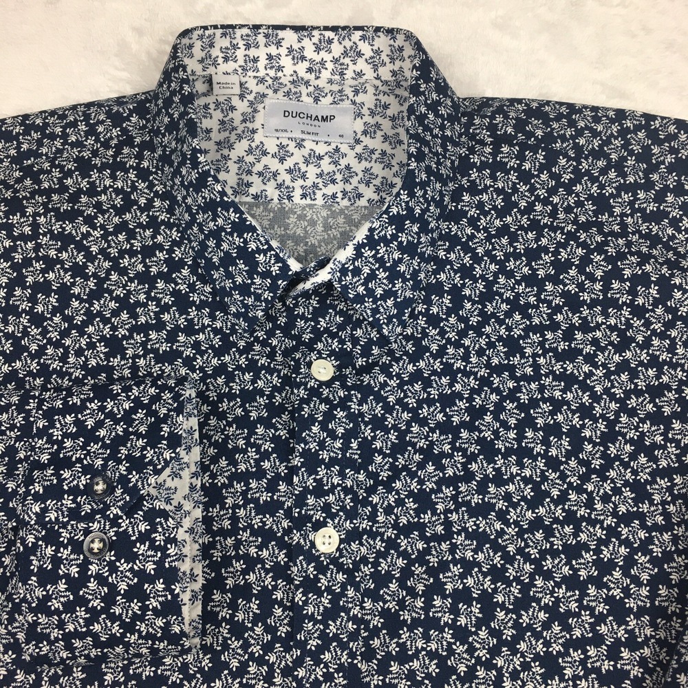 Duchamp Dress Shirt Mens XXL Blue/White Floral Print Slim Fit
